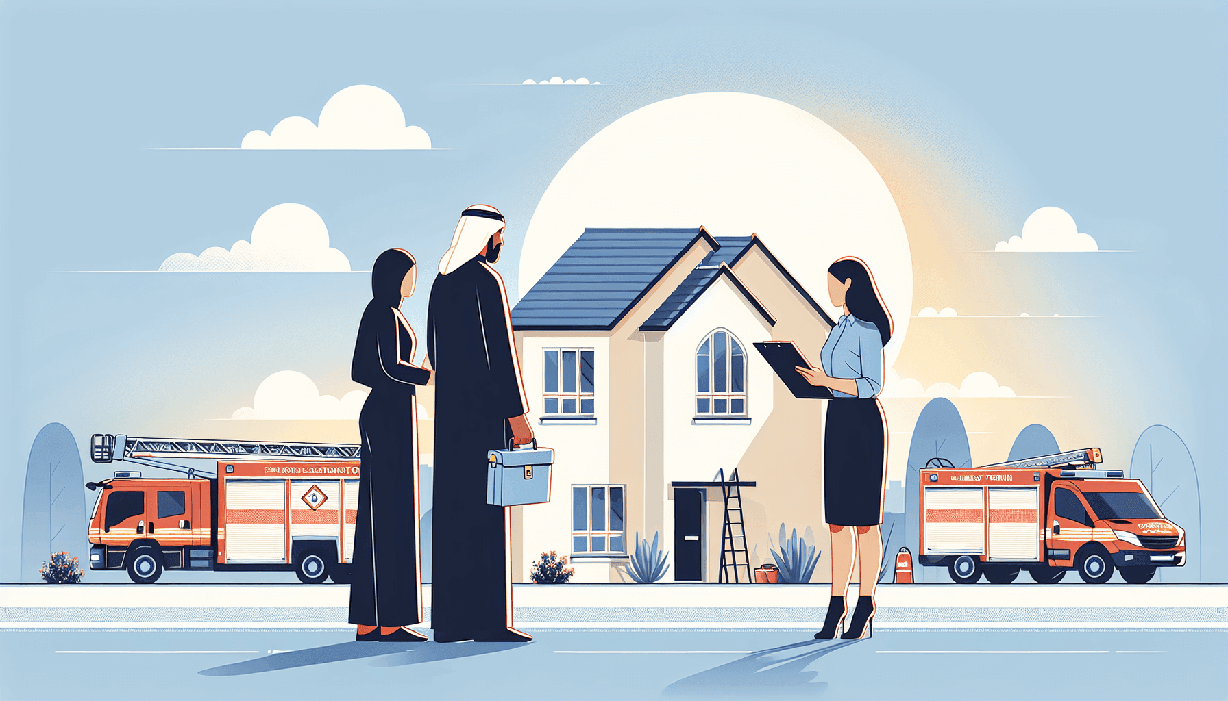 Illustration of a homeowner safely assessing fire damage with emergency service professionals