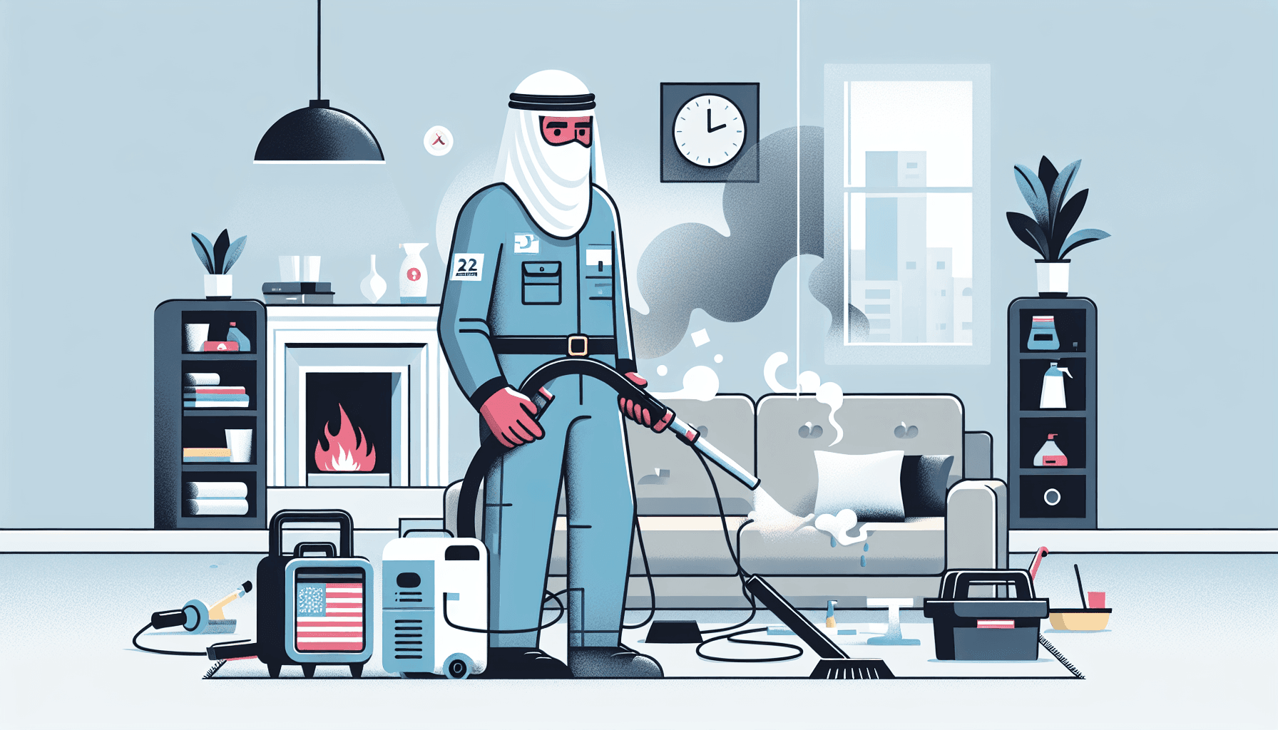 Ilustración vectorial de un técnico de restauración abordando daños por humo y hollín en un hogar