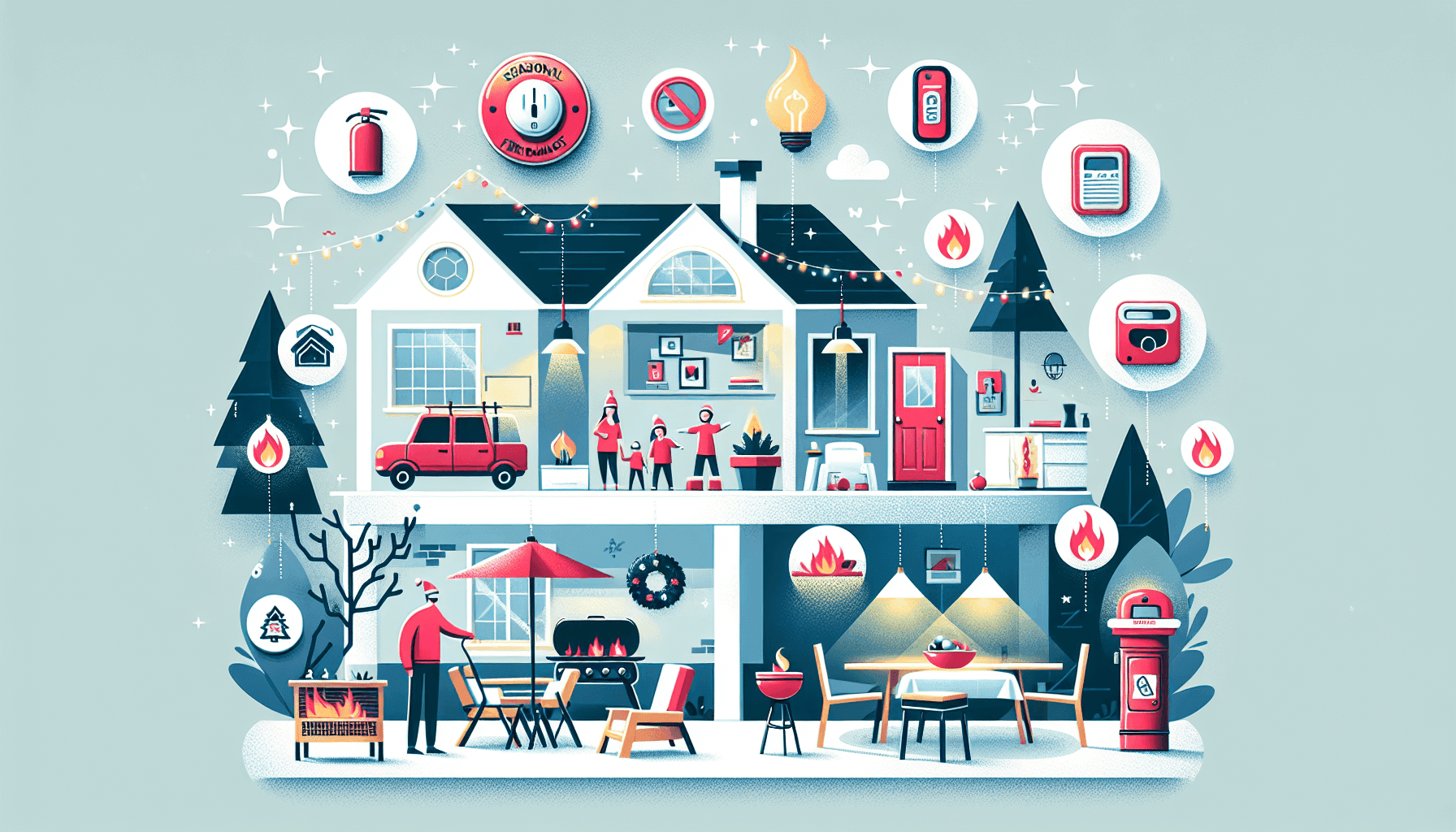 Home scene with icons of seasonal fire safety tips like smoke detectors, safe heaters, and holiday lights