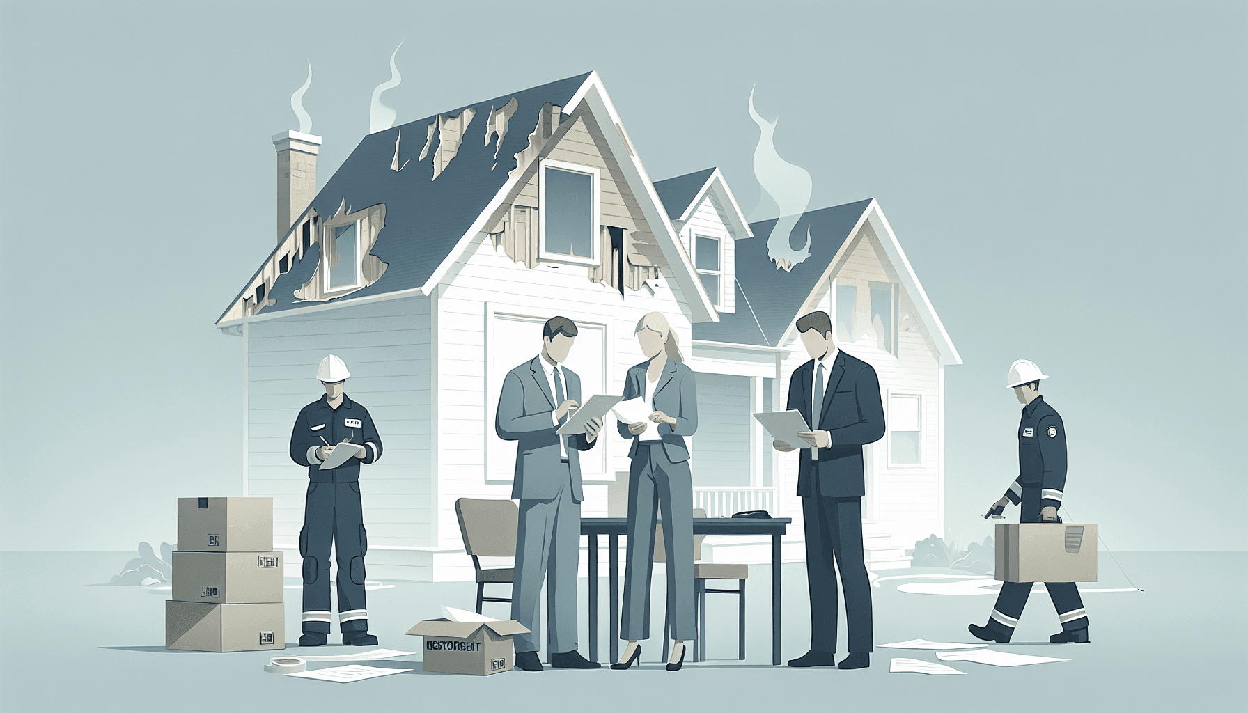 Illustration of a homeowner consulting with a restoration expert and insurance agent after a fire